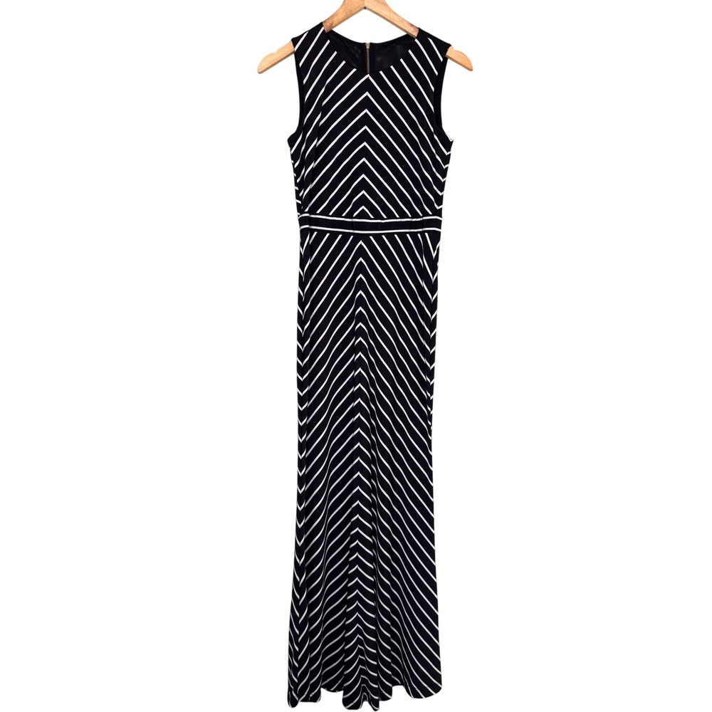 Just Taylor Womens Black White Chevron Striped Mesh Back Maxi Dress Size 4 Gown